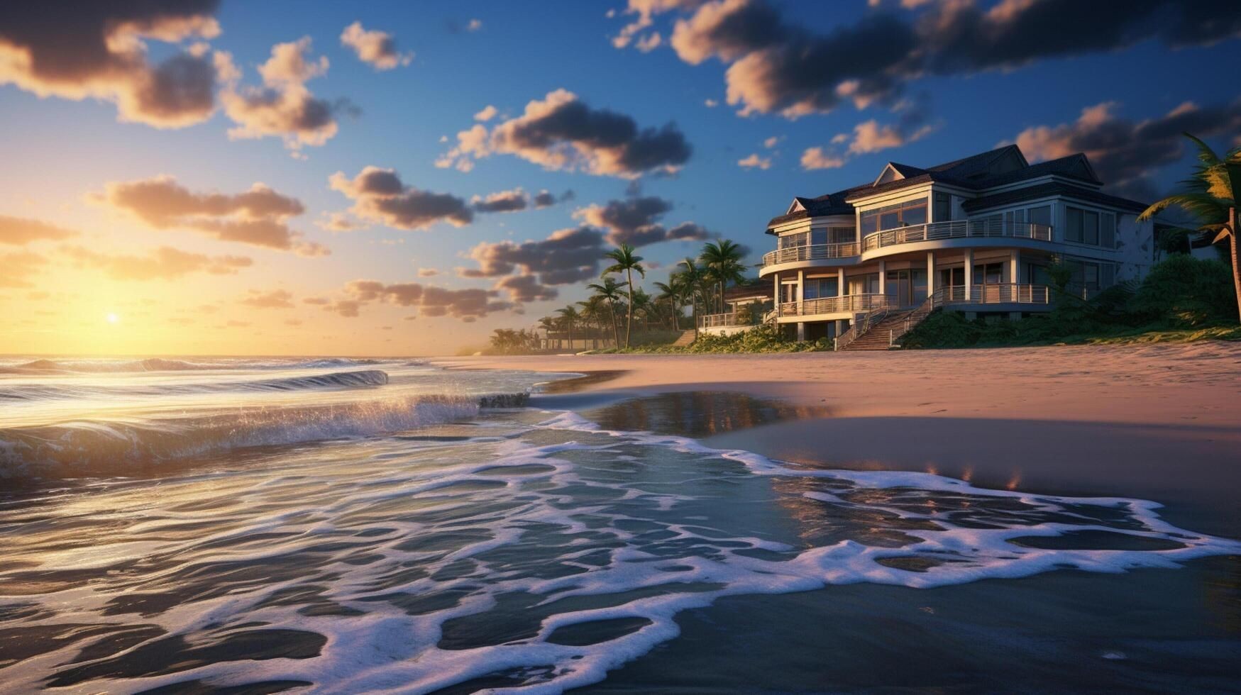 Luxurious beachfront house with palm trees at sunset, waves gently crashing onto the sandy shore.